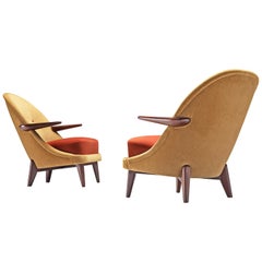 Reupholstered Pair of Danish Modern Lounge Chair in Ocher Yellow and Red Velvet