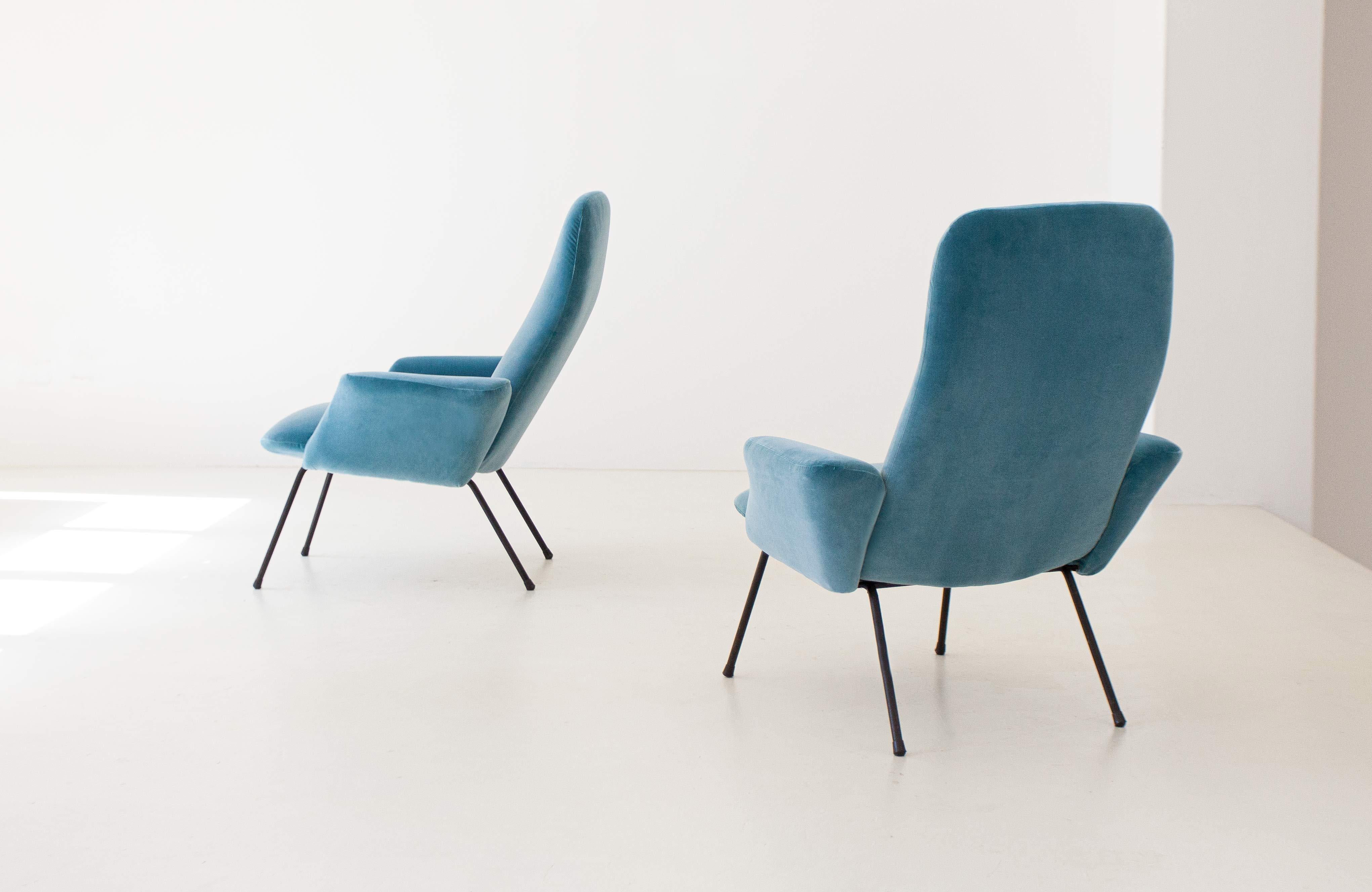 Mid-Century Modern Reupholstered Pair of Rare Italian Light Blue Velvet Lounge Chairs, 1950s