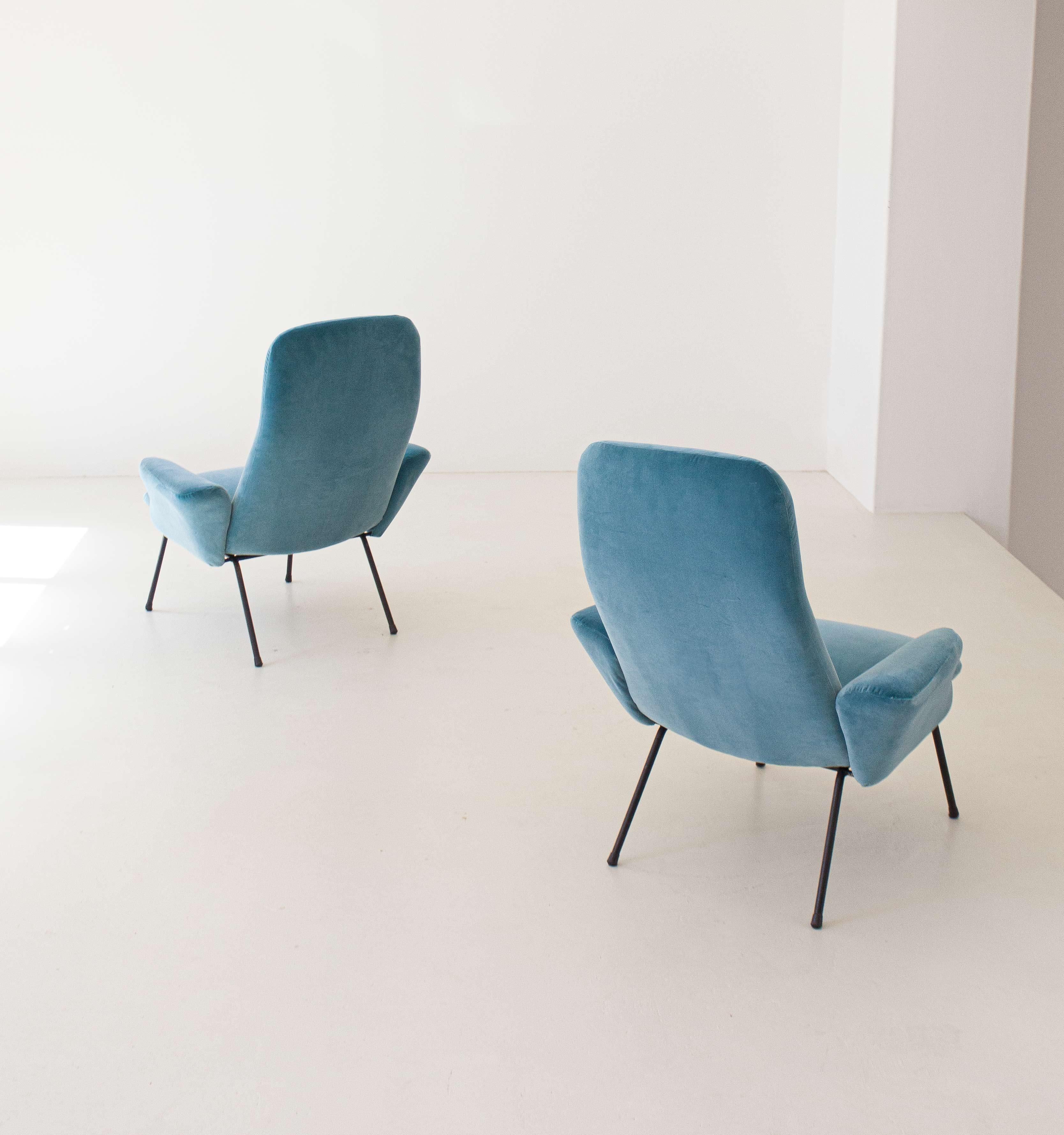Mid-20th Century Reupholstered Pair of Rare Italian Light Blue Velvet Lounge Chairs, 1950s