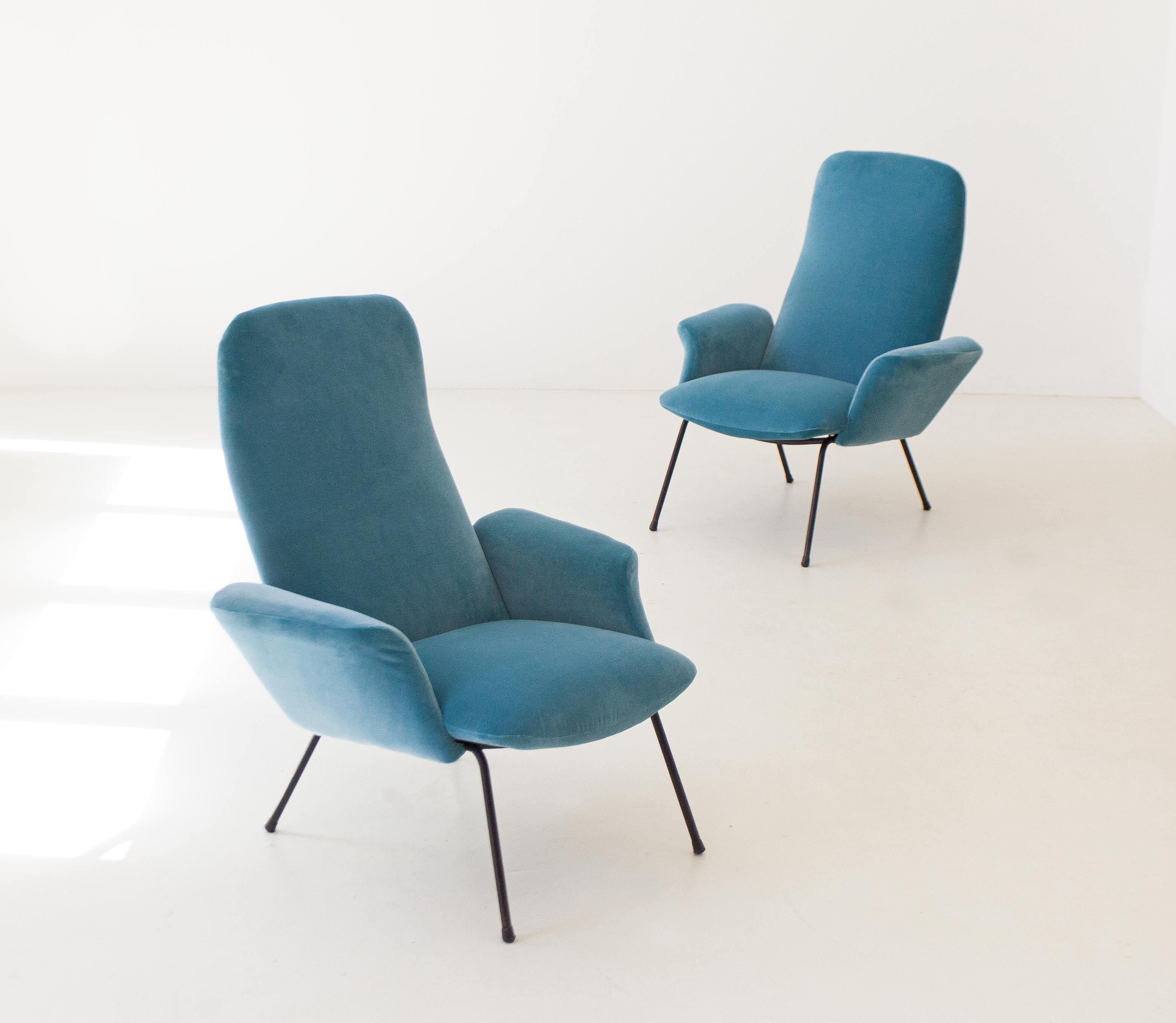 Reupholstered Pair of Rare Italian Light Blue Velvet Lounge Chairs, 1950s 1