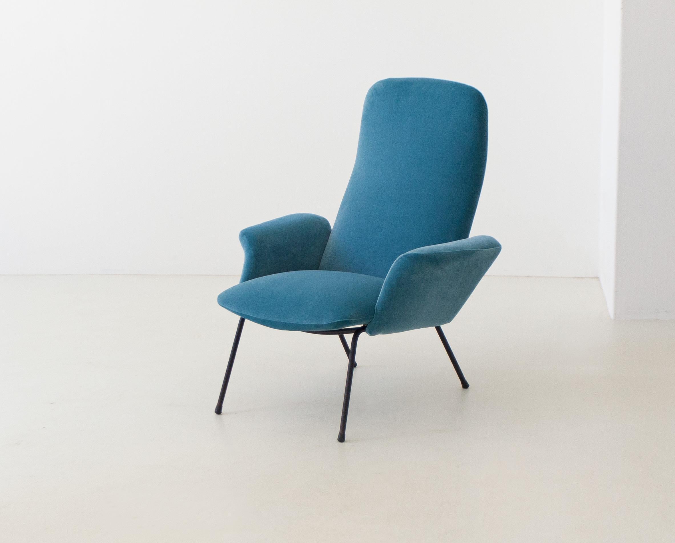Reupholstered Pair of Rare Italian Light Blue Velvet Lounge Chairs, 1950s 2