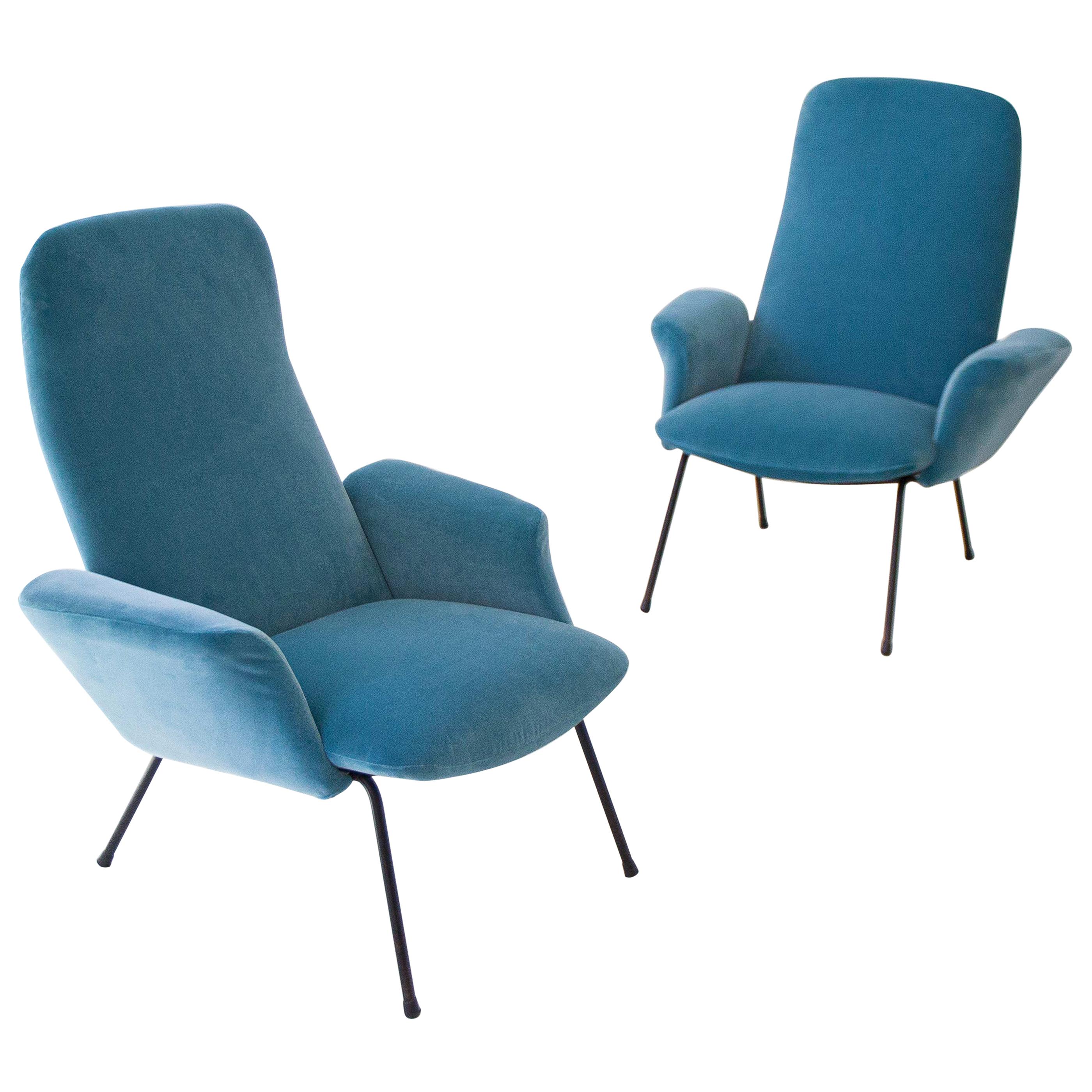 Reupholstered Pair of Rare Italian Light Blue Velvet Lounge Chairs, 1950s