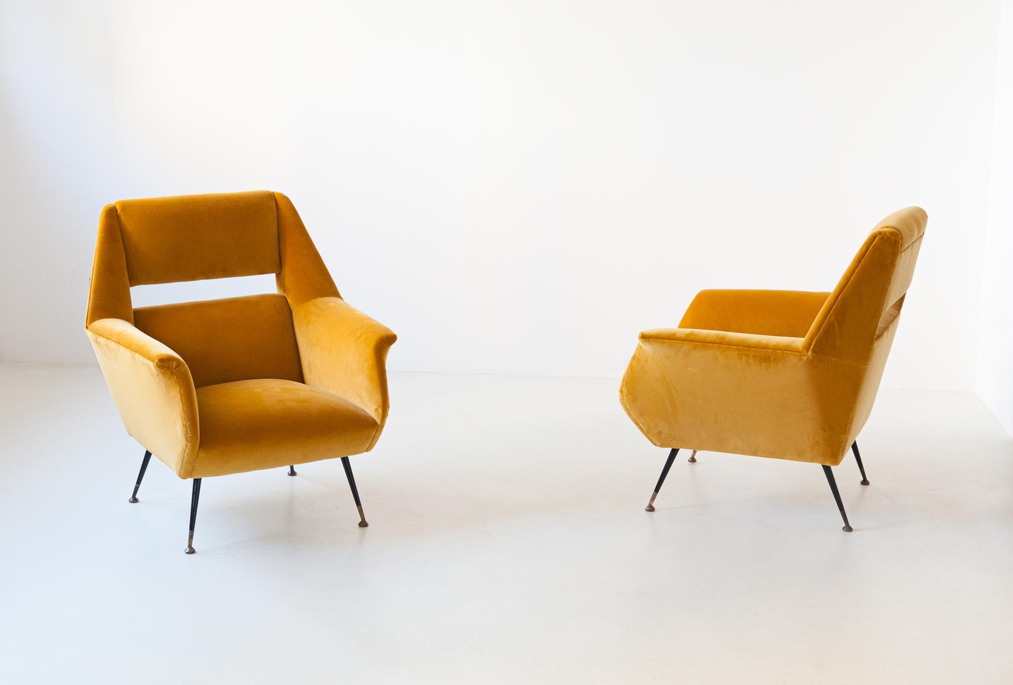 Brass Reupholstered Rare Italian Senape Velvet Lounge Chairs by Gigi Radice