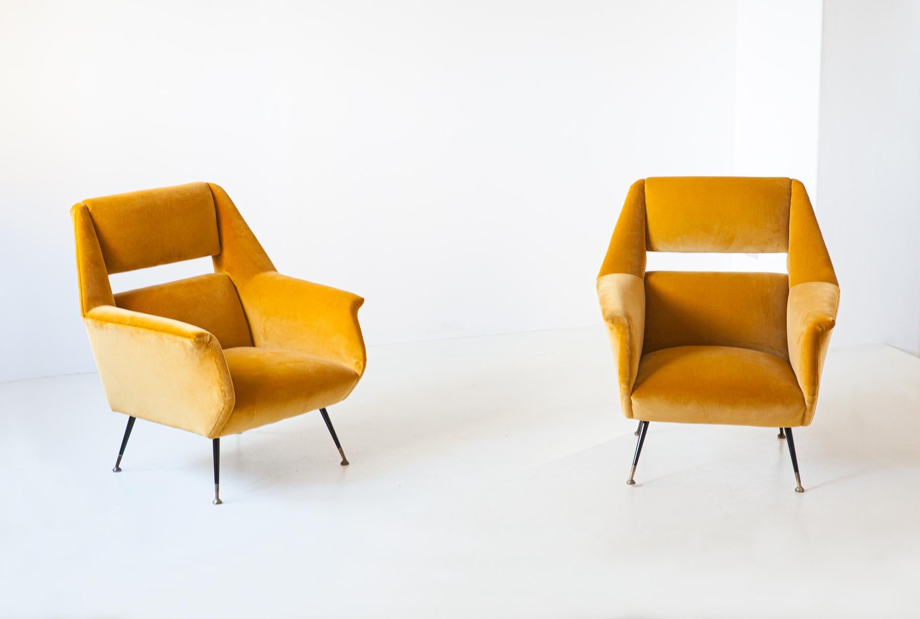 Reupholstered Rare Italian Senape Velvet Lounge Chairs by Gigi Radice 1