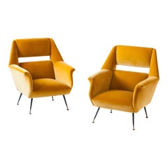 Reupholstered Rare Italian Senape Velvet Lounge Chairs by Gigi Radice