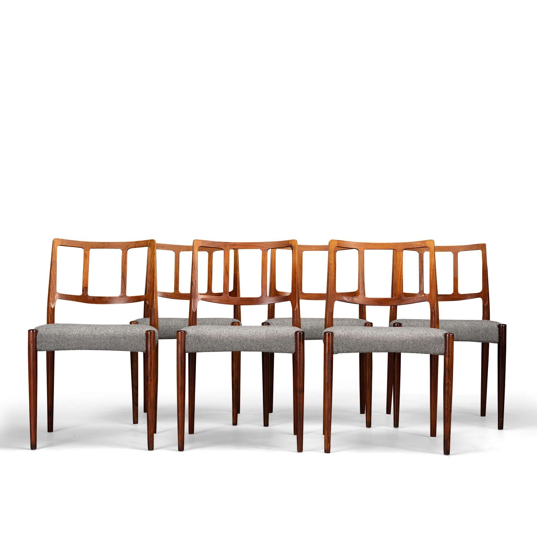 Mid-Century Modern Reupholstered Rosewood Dining Chair by Johannes Andersen for Uldum, Set of 6 For Sale