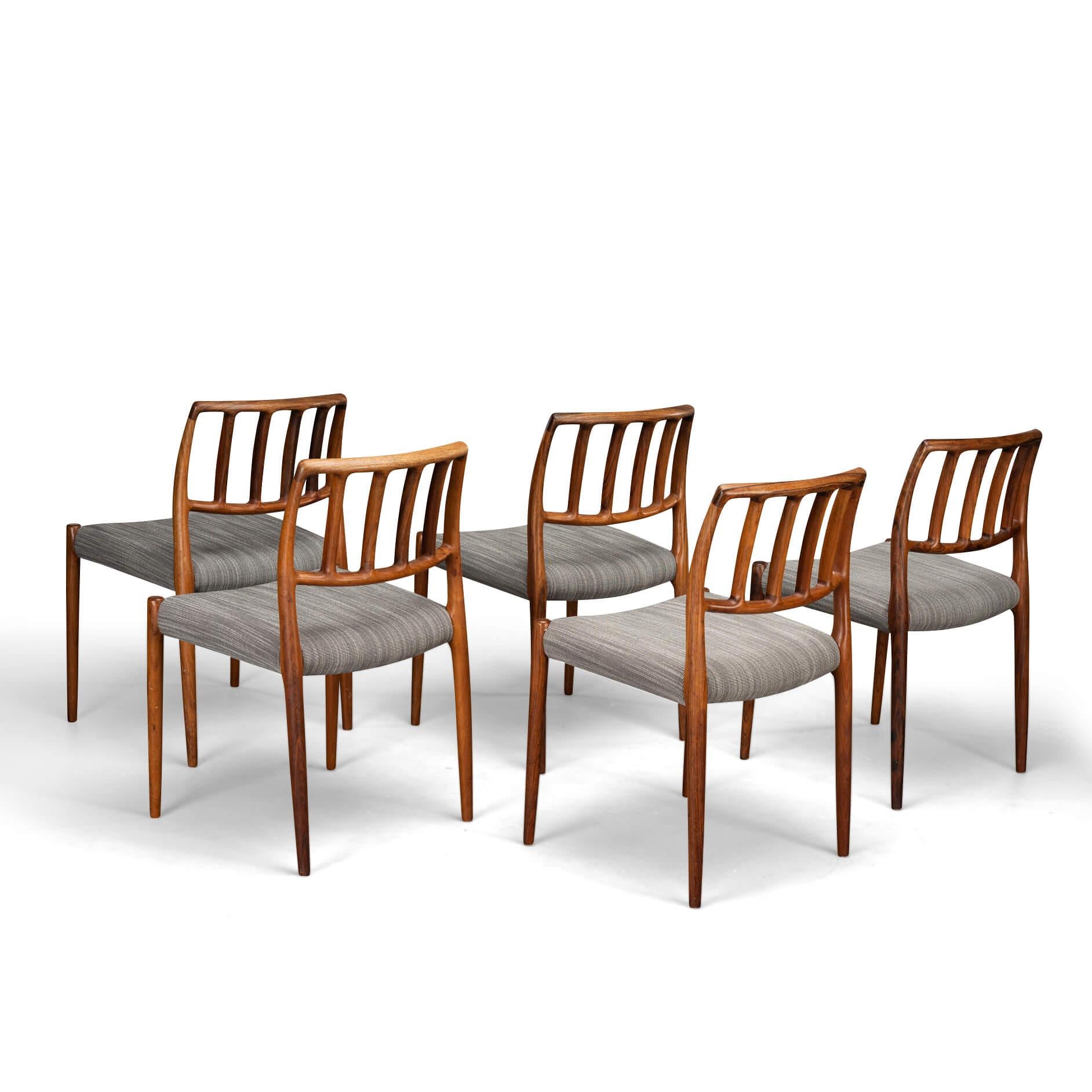 Danish Reupholstered Rosewood Model 83 Niels O. Moller Dining Chairs, Set of 5 For Sale