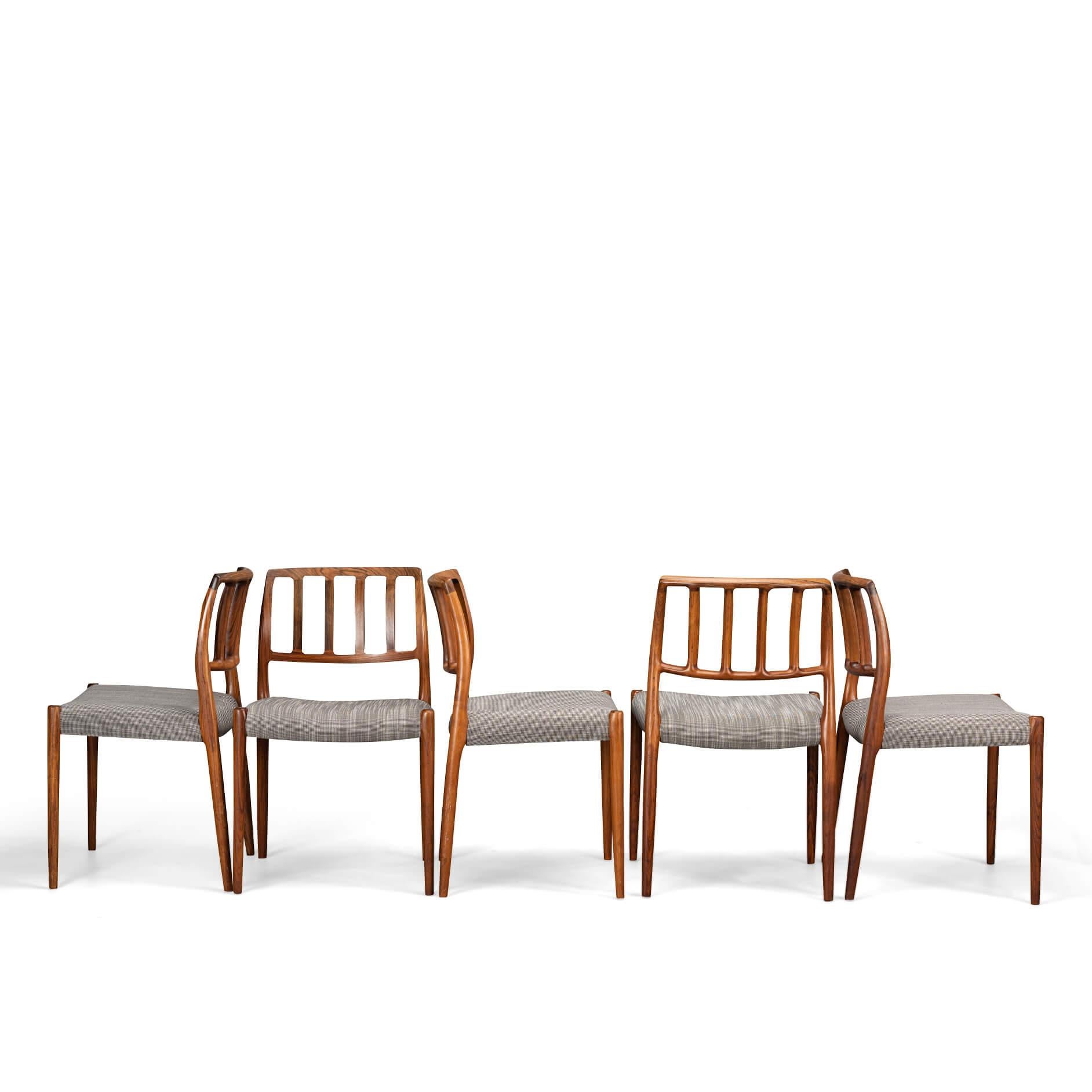 Mid-20th Century Reupholstered Rosewood Model 83 Niels O. Moller Dining Chairs, Set of 5 For Sale