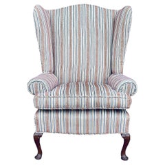 Reupholstered Striped Wing Chair With Feather Cushion