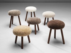 Swiss Tripod Stools in Solid Oak Upholstered in Shearling