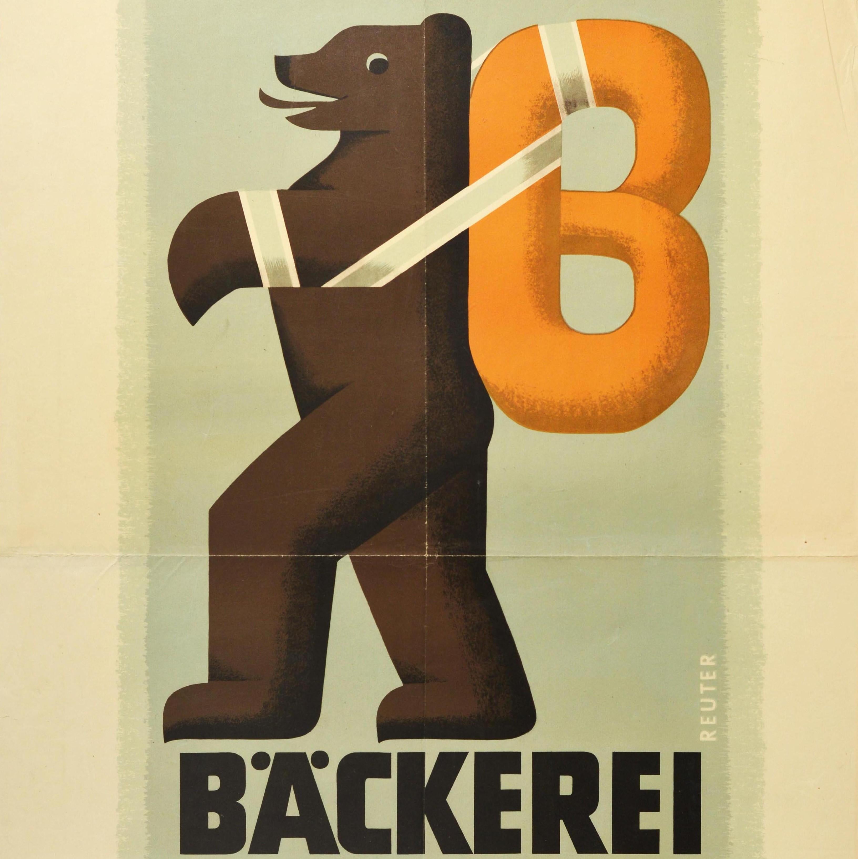 Original Vintage Poster Bakery Exhibition Berlin Bear Pretzel Design Funkturm - Beige Print by Reuter