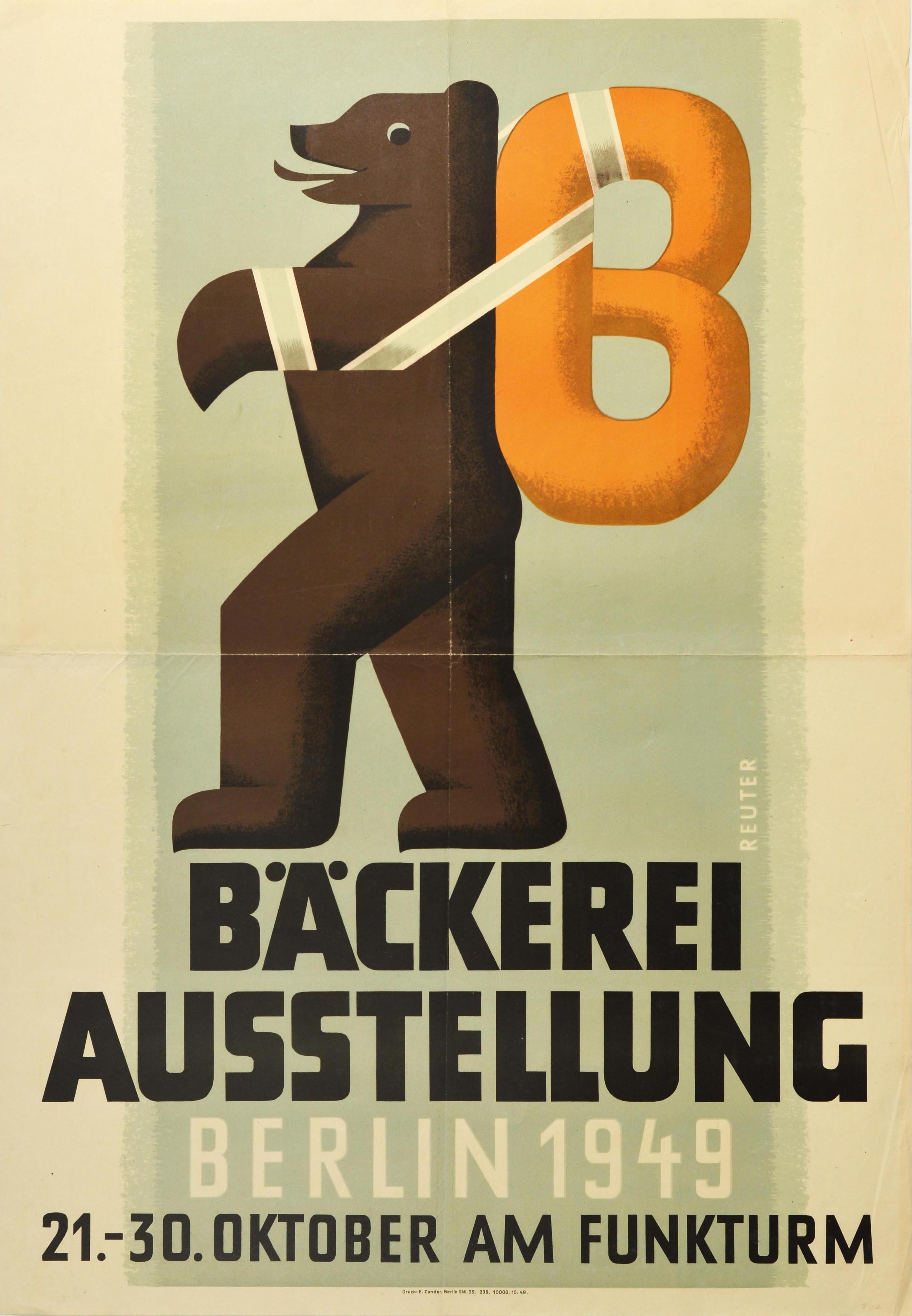 Reuter Print - Original Vintage Poster Bakery Exhibition Berlin Bear Pretzel Design Funkturm