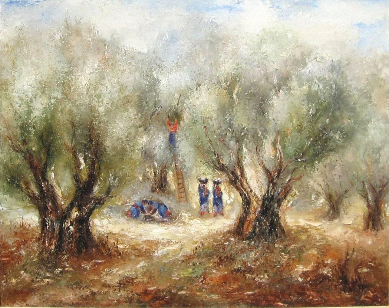 Reuven Rubin Figurative Painting - Picking the Olives by REUVEN RUBIN - 20th century art, oil painting
