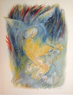 Bible lithograph, Moses with the Ten Commandments