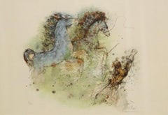 Lithographie encadrée avec chevaux:: édition limitée:: signée par l'artiste