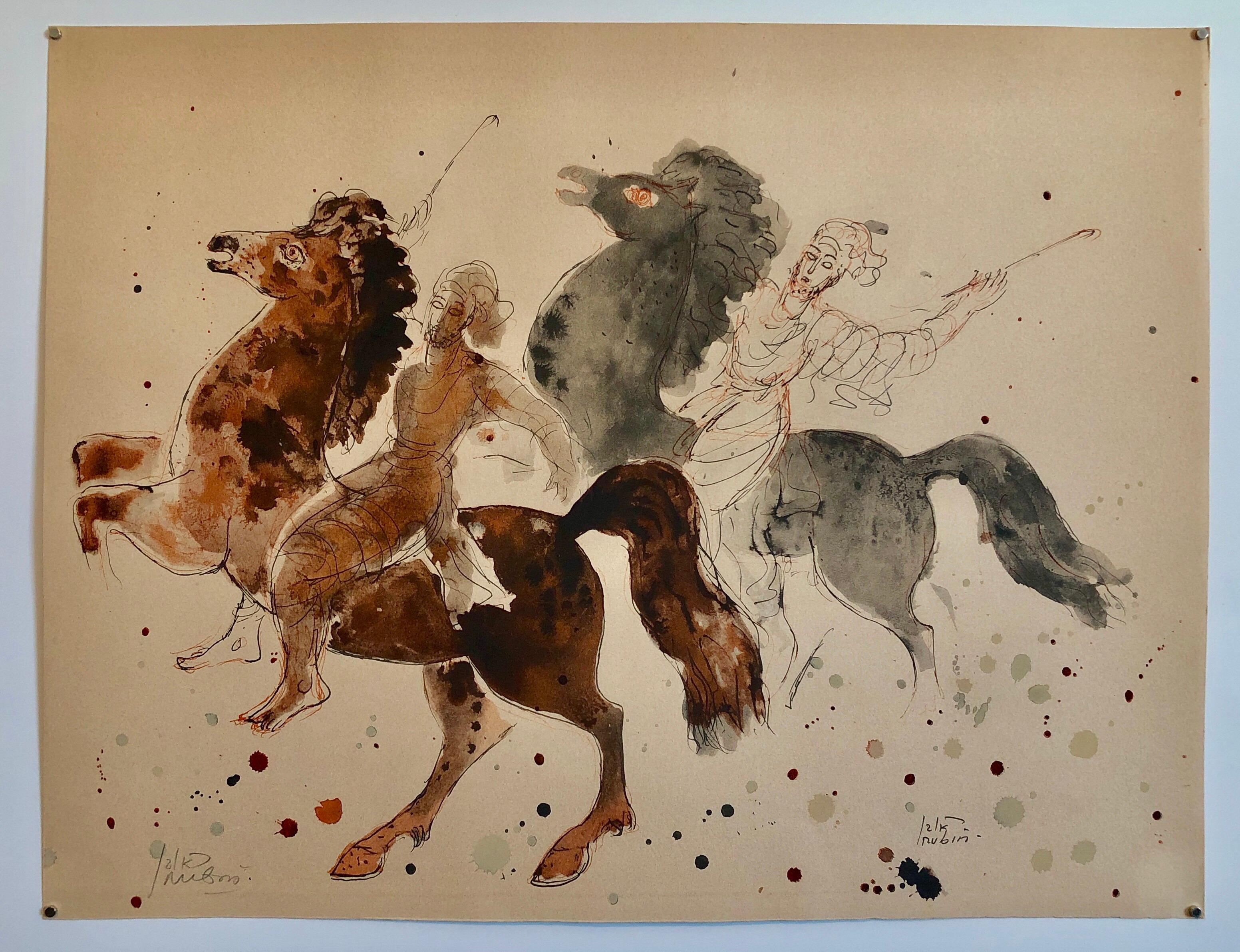 Moderne moderne israelische Lithographie von Reuven Rubin mit Ansichten von Israel-Jüdischen Pferden, Reitern 7