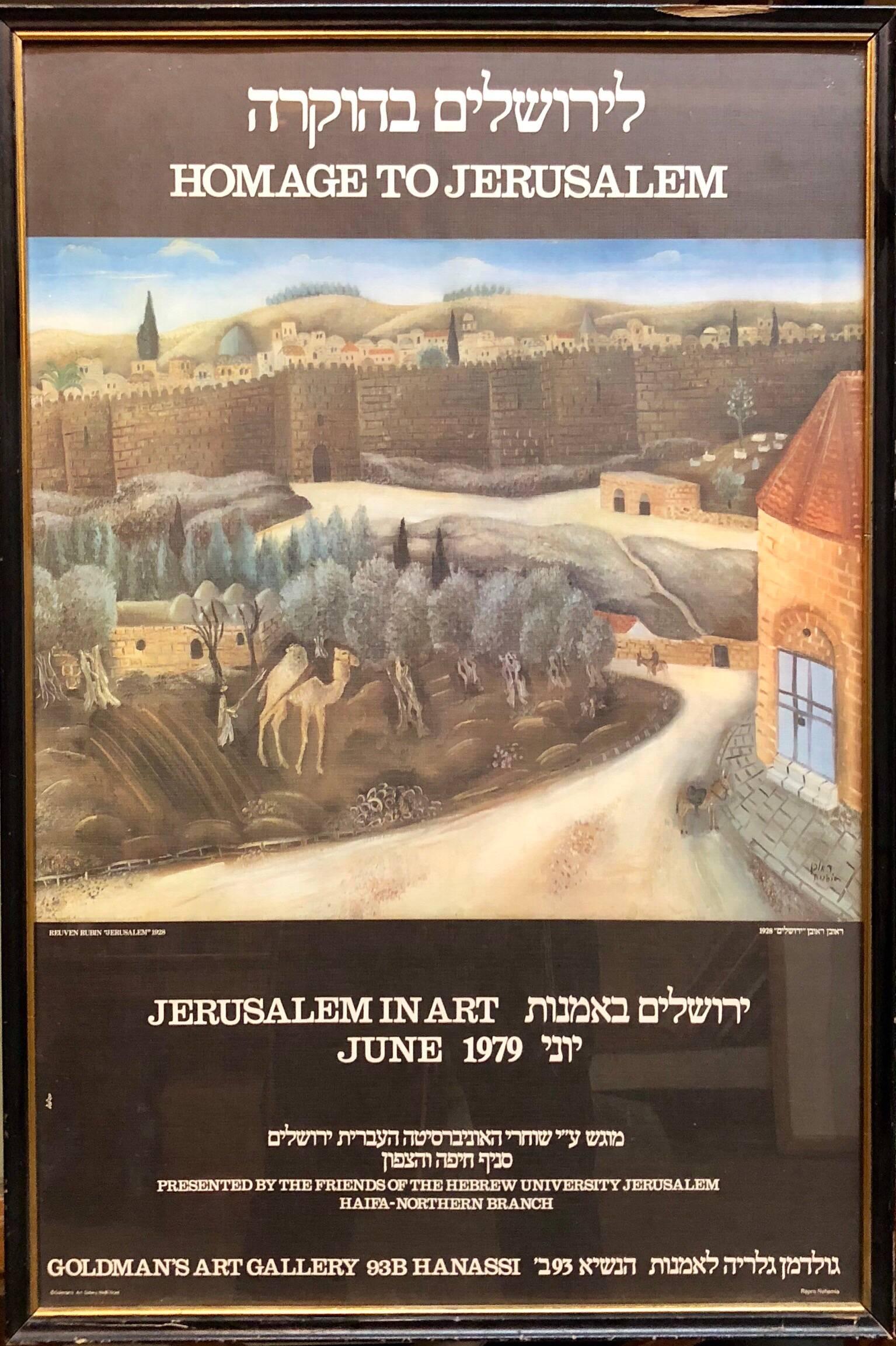 

Jerusalem themed poster of painting by Israeli Master.
Reuven Rubin 1893 -1974 was a Romanian-born Israeli painter and Israel's first ambassador to Romania.
Rubin Zelicovici (later Reuven Rubin) was born in Galati to a poor Romanian Jewish Hasidic