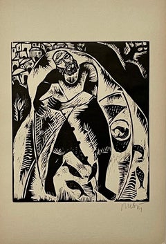 Rare 1923 Cubist Reuven Rubin Woodcut Woodblock Fisherman Print Israeli Judaica