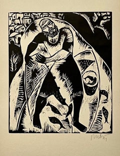 Rare 1923 Cubist Reuven Rubin Woodcut Woodblock Fisherman Print Israeli Judaica