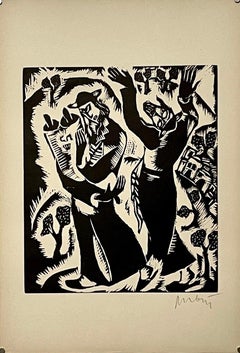 Rare 1923 Cubist Reuven Rubin Woodcut Woodblock Print Israeli Hasidic Judaica