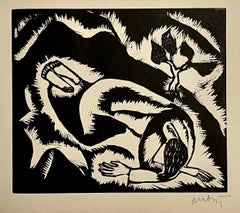 Rare 1923 Cubist Reuven Rubin Woodcut Woodblock Print Israeli Hasidic Judaica