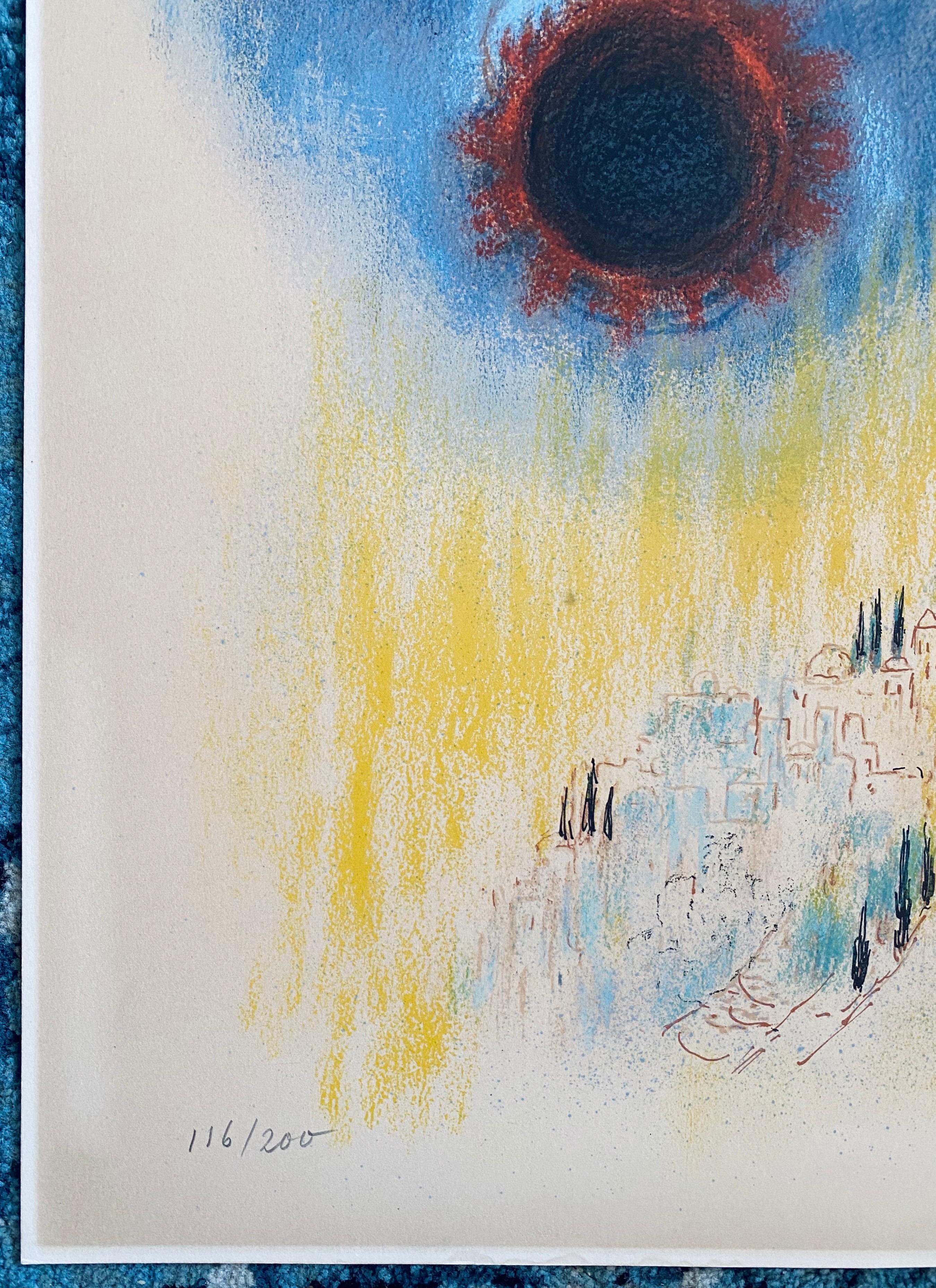 Reuven Rubin Israeli Lithograph Heavenly Jerusalem Landscape with Angel Judaica 1
