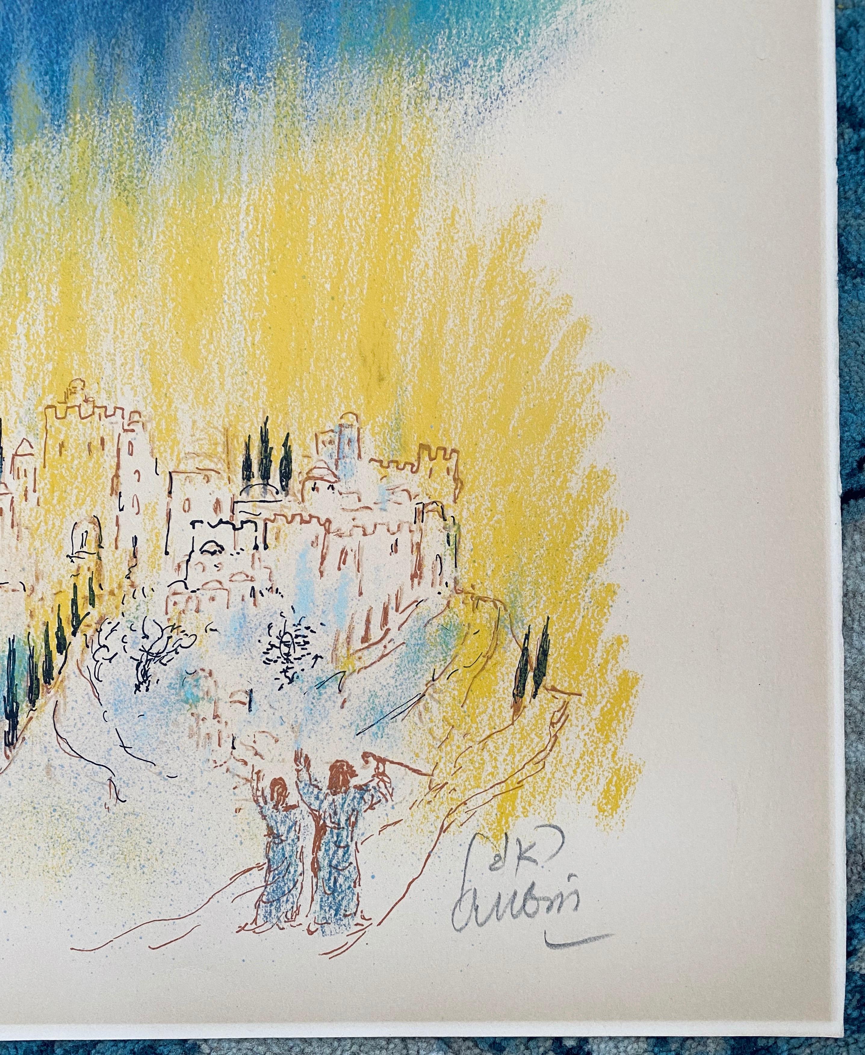 Reuven Rubin Israeli Lithograph Heavenly Jerusalem Landscape with Angel Judaica 3