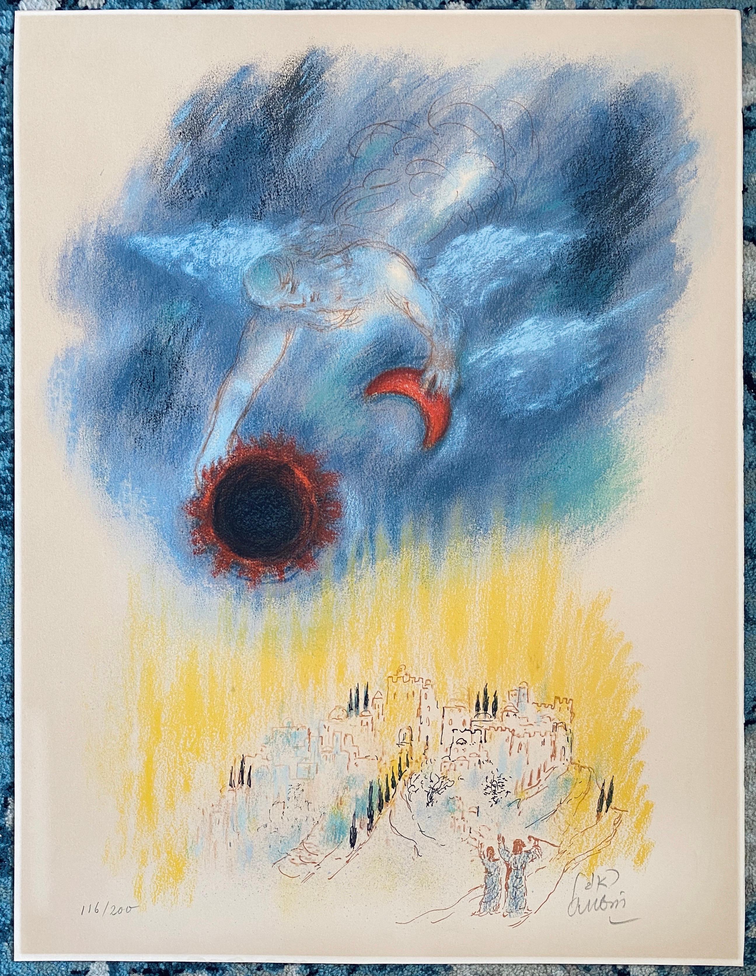 Reuven Rubin Israeli Lithograph Heavenly Jerusalem Landscape with Angel Judaica 5