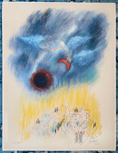 Reuven Rubin Israeli Lithograph Heavenly Jerusalem Landscape with Angel Judaica