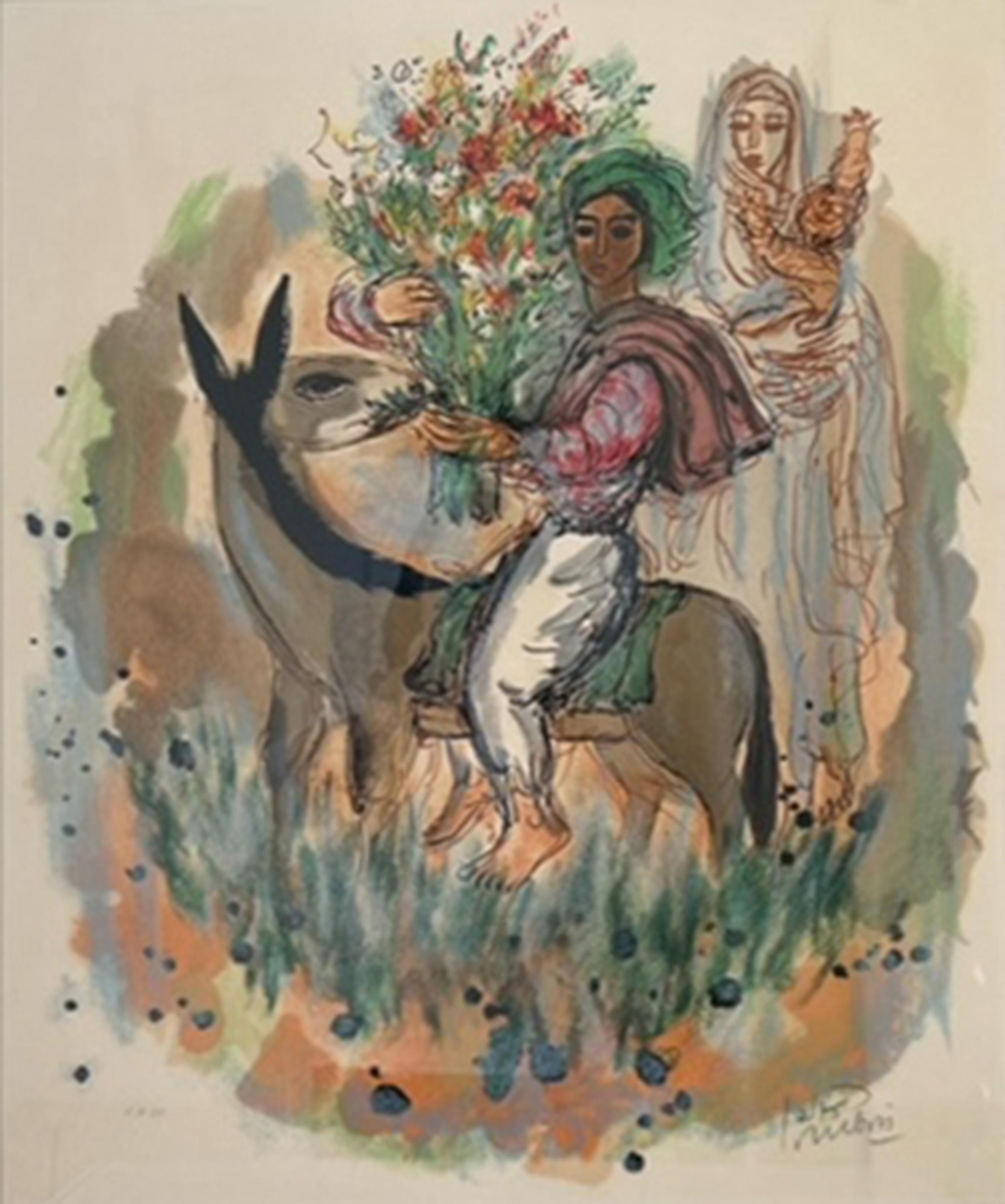 This lithograph by Reuven Rubin features a captivating scene where a man gracefully rides atop a donkey, enveloped by a lush and vibrant garden filled with a profusion of colorful flowers. Rubin's masterful use of color and detail creates a