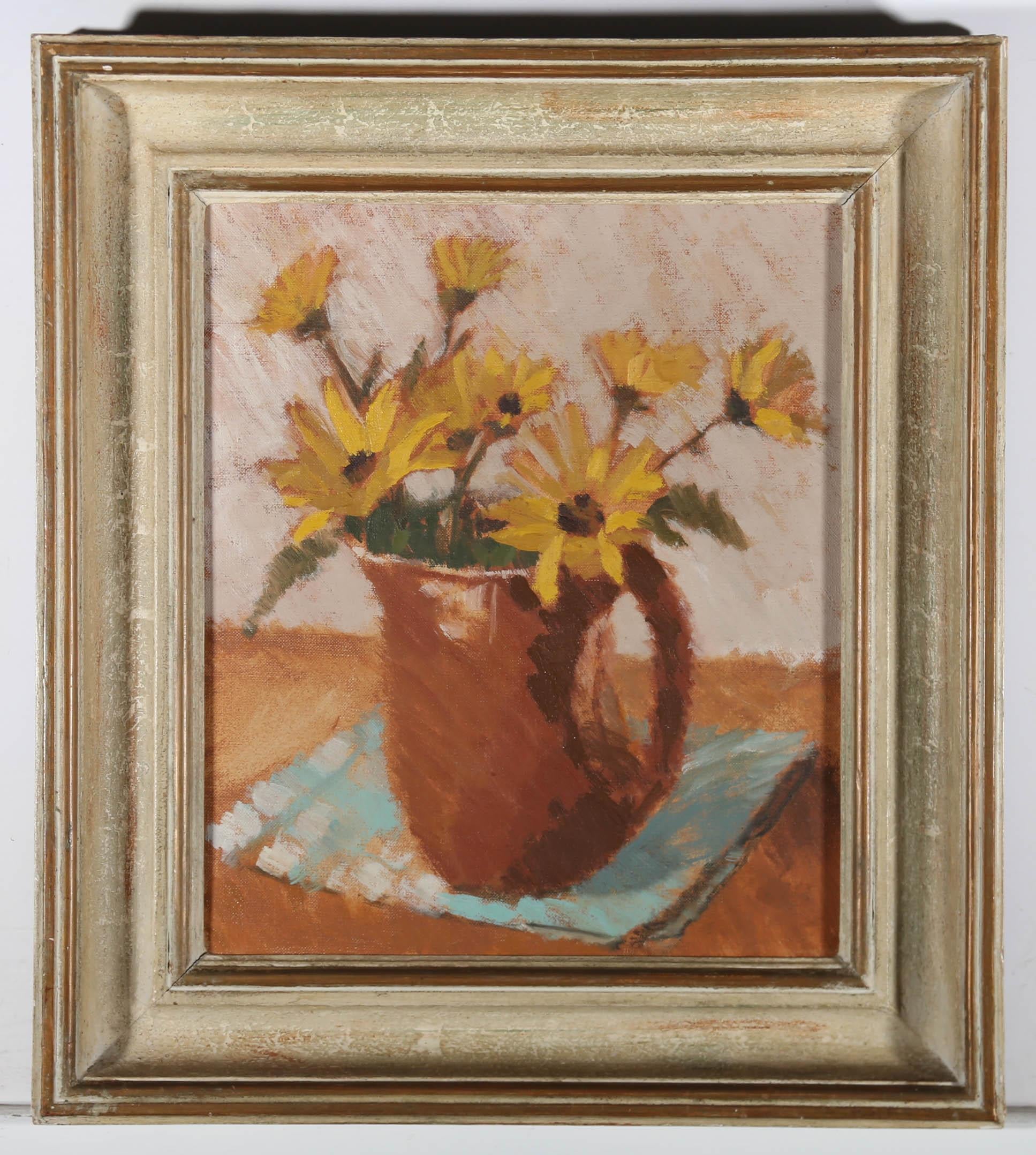 Rev. C. W. Hopkins  - Framed Mid 20th Century Oil, Still Life of Yellow Flowers For Sale 2