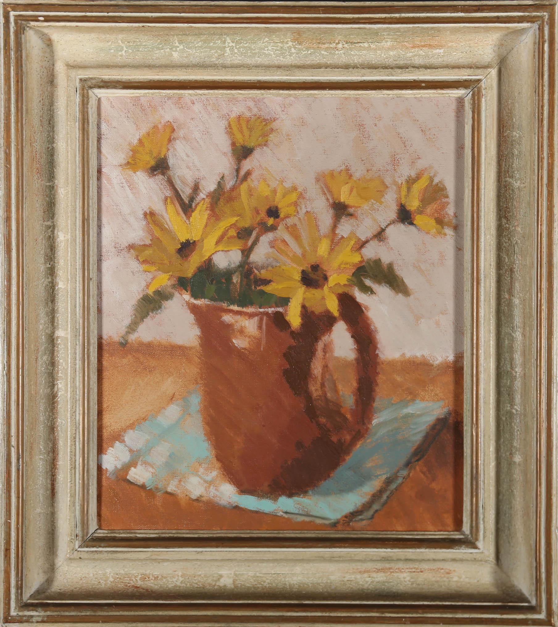 Full of natural light and movement, this spritely still life depicts yellow Rudbeckia opening up inside a terracotta jug. Unsigned. Well presented in a handsome shabby chic frame. On canvas on stretchers. 