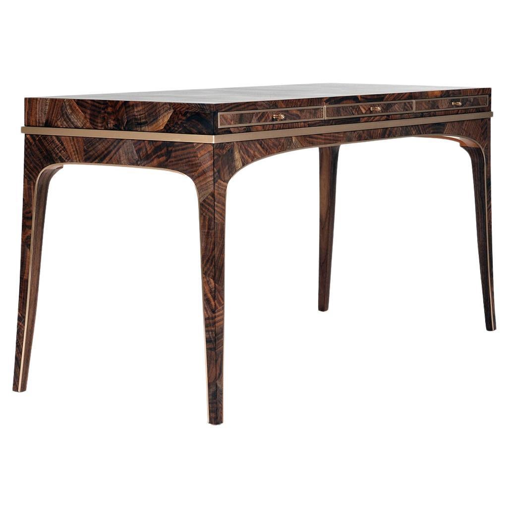 American Reve Desk in Mosaic Claro Walnut and Bronze by Newell Design Studio For Sale