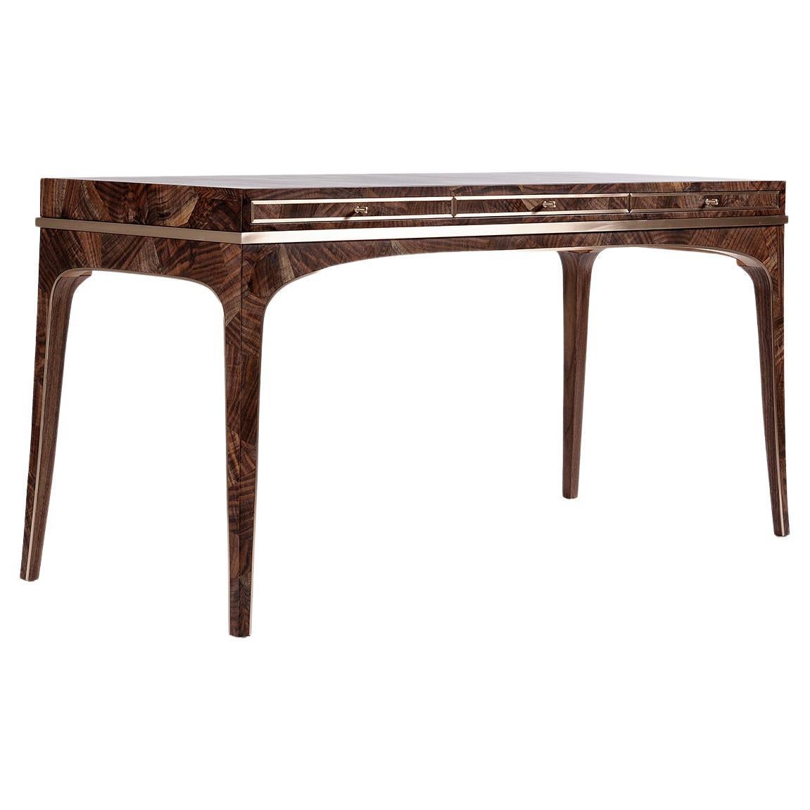 Reve Desk in Mosaic Claro Walnut and Bronze by Newell Design Studio For Sale