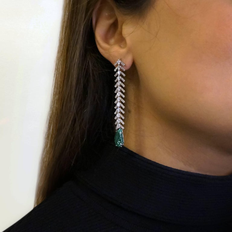 Baguette Cut Reve Diamond and Carved Emerald Dangler Earrings For Sale