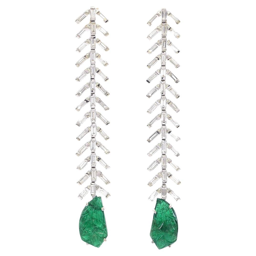 Reve Diamond and Carved Emerald Dangler Earrings For Sale