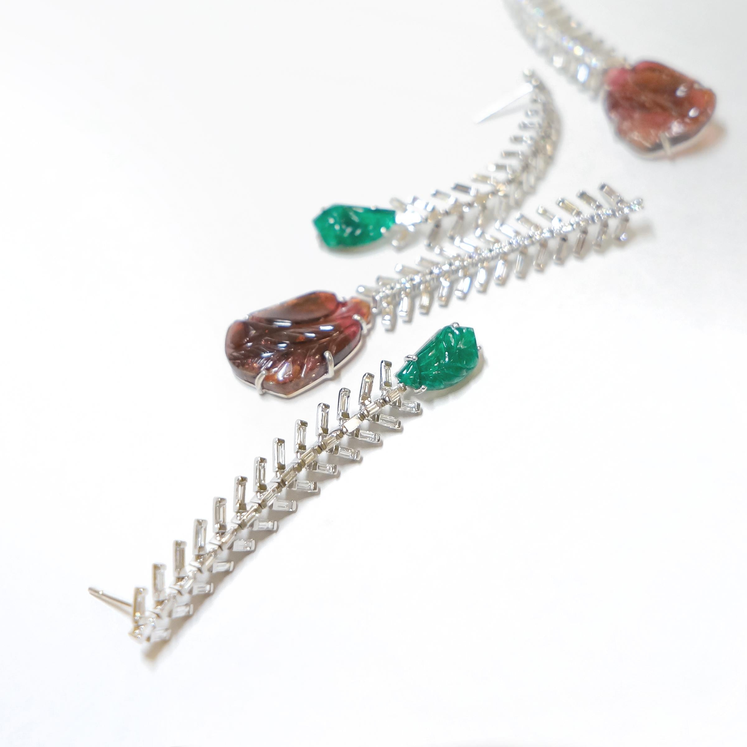 Baguette Cut Reve Diamond and Carved Tourmaline Danglers