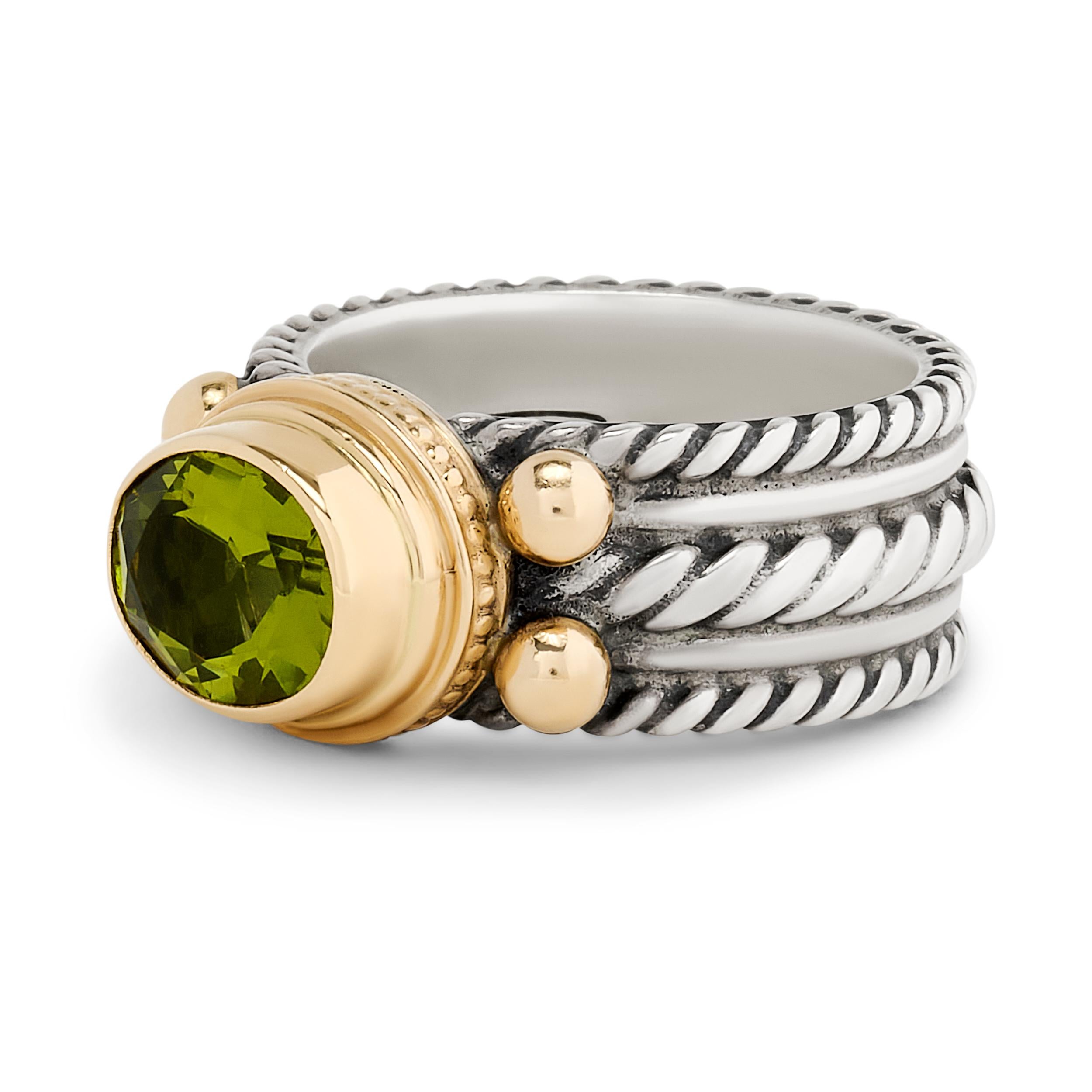 Reve Sterling Silver and 14 Karat Yellow Gold Peridot Wide Rope Ring In Excellent Condition In Philadelphia, PA