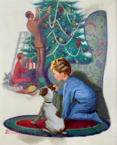 Vintage Peeking at the Christmas Tree, Probable Magazine Cover Illustration