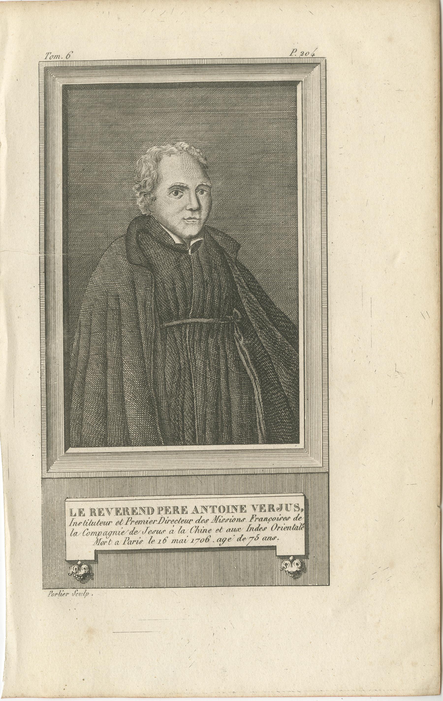 Reverend Père Antoine Verjus – French Jesuit Missionary Portrait, c.1790

This antique engraving depicts the Reverend Père Antoine Verjus, a notable French Jesuit missionary, in a finely detailed bust-length portrait. The inscription identifies him