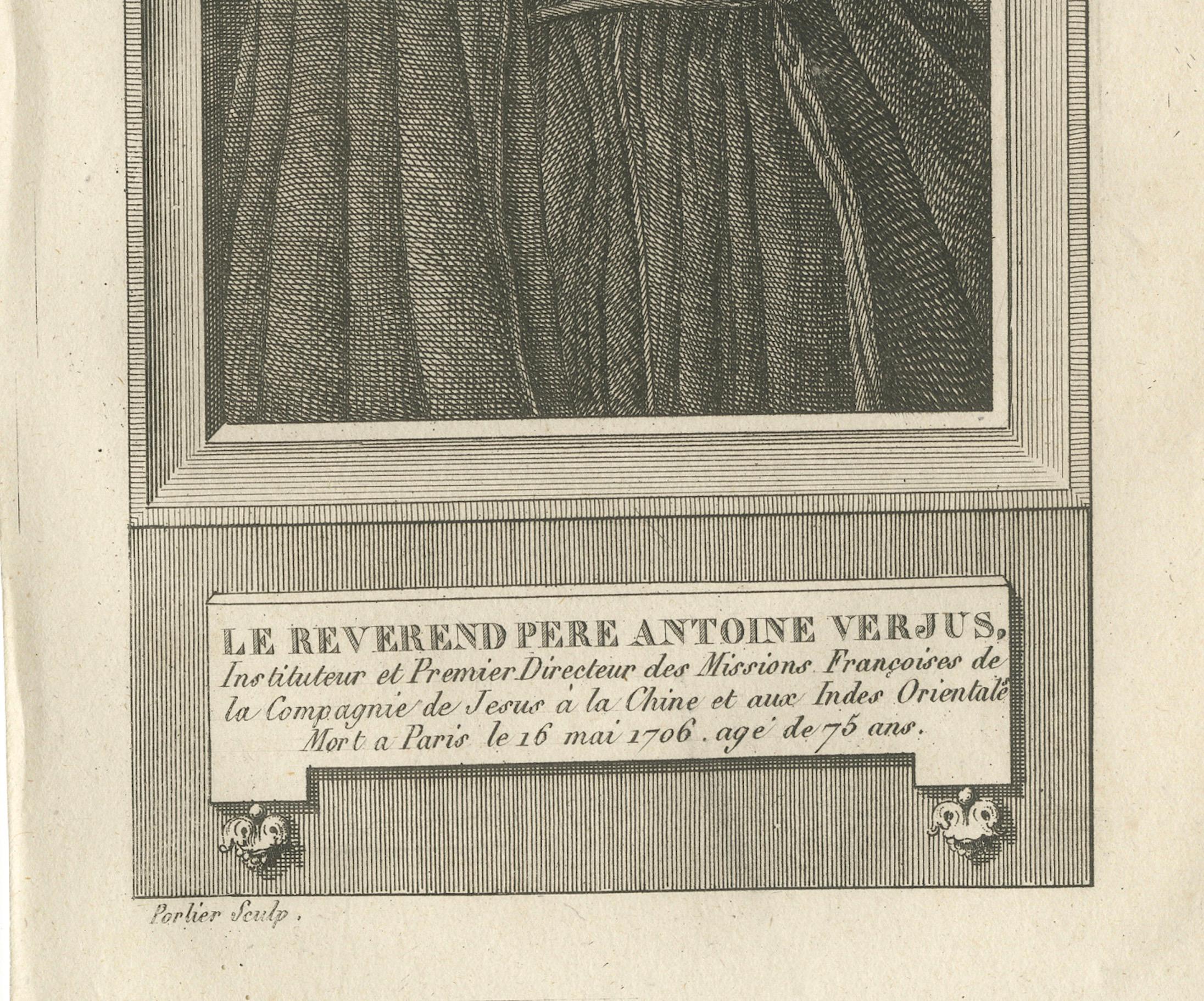 Engraved Reverend Père Antoine Verjus – French Jesuit Missionary Portrait, c.1790 For Sale