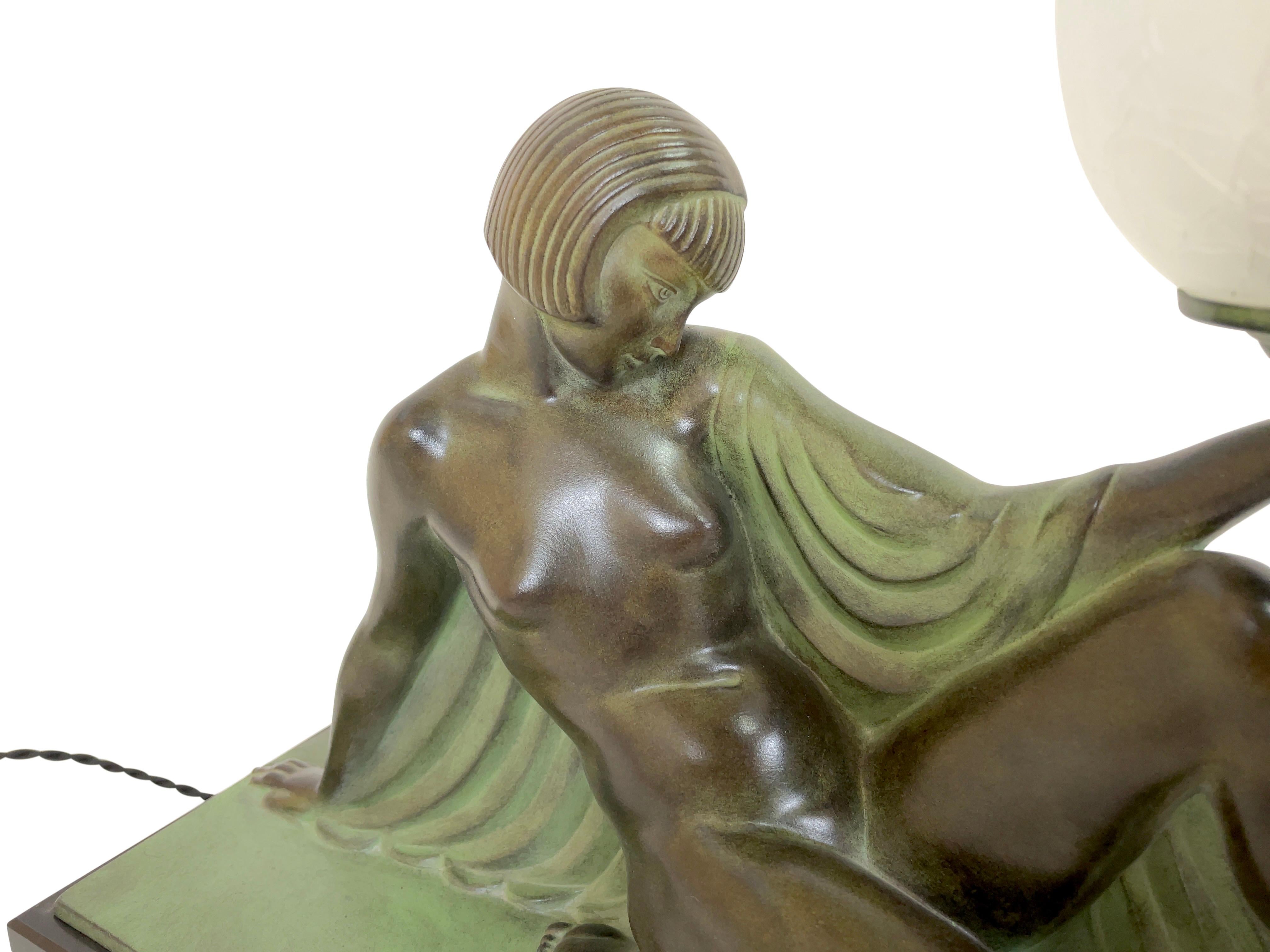 Patinated Reverie Sculpture Lamp in Art Deco Style by Raymonde Guerbe for Max Le Verrier