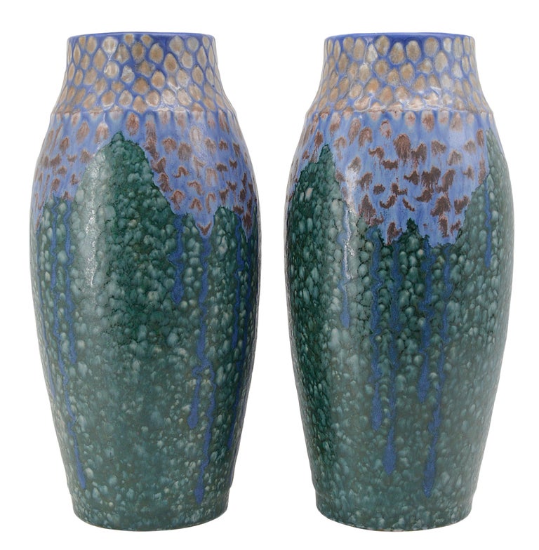 Exceptional and spectacular French Art Deco pair of ceramic vases by Revernay (Digoin), France, circa 1925. Each - Height 37.5cm, 14.8 inches, diameter 18cm, 7 inches. Marked 