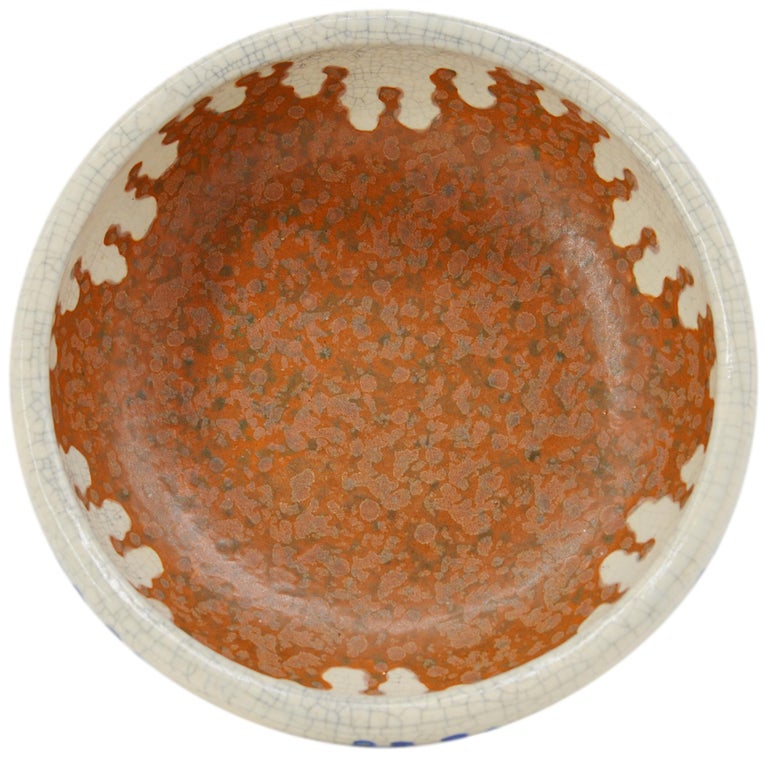 French Art Deco stoneware bowl on pedestal by REVERNAY (Digoin), France, ca.1925. Height : 12.5cm - 5 inches, Diameter : 21.2cm - 8.3 inches. Marked 