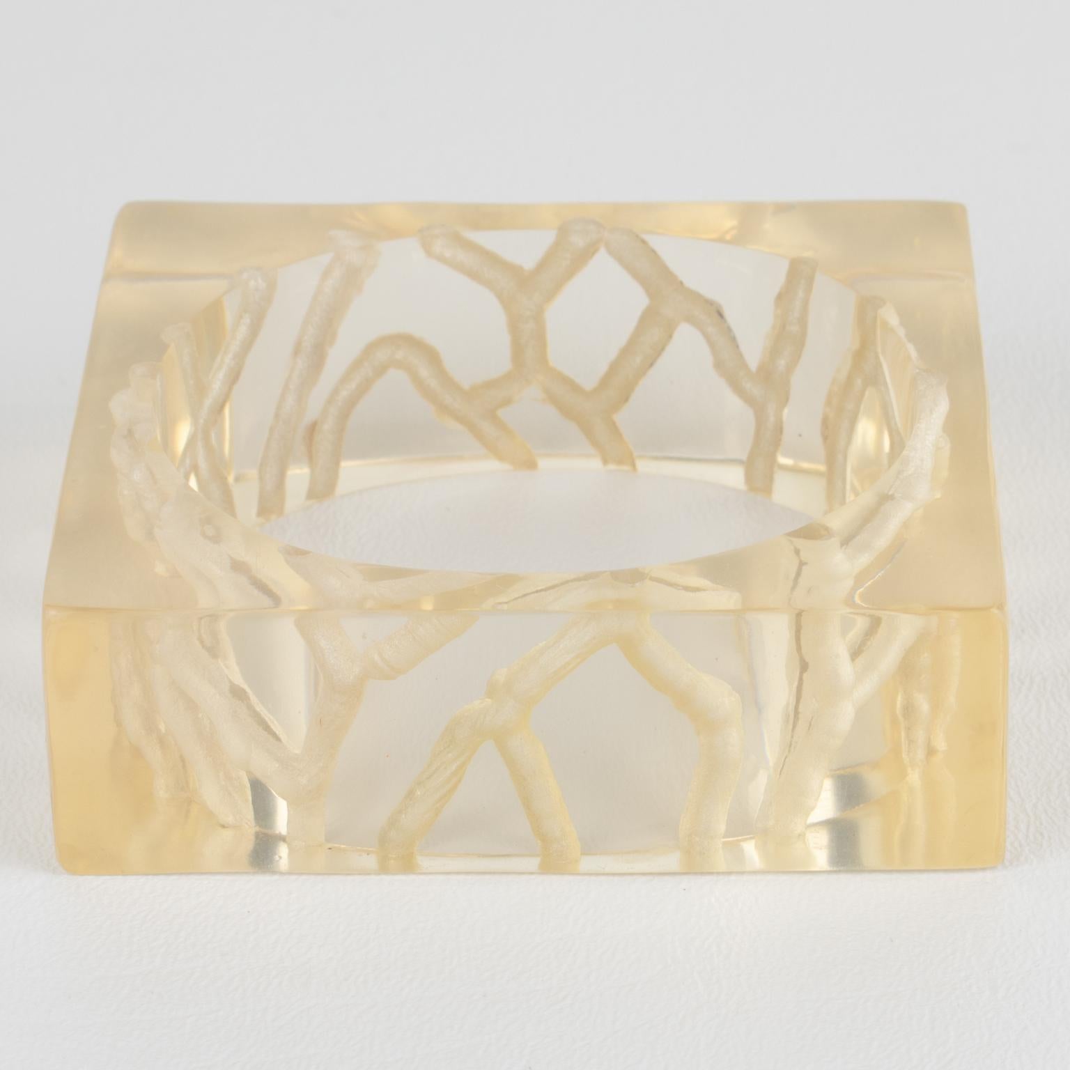 Modernist Reverse Carved Acrylic Lucite Bracelet Bangle in Light Champagne For Sale