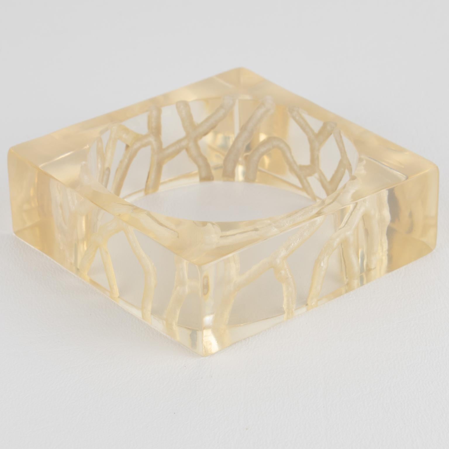 Reverse Carved Acrylic Lucite Bracelet Bangle in Light Champagne In Excellent Condition For Sale In Atlanta, GA
