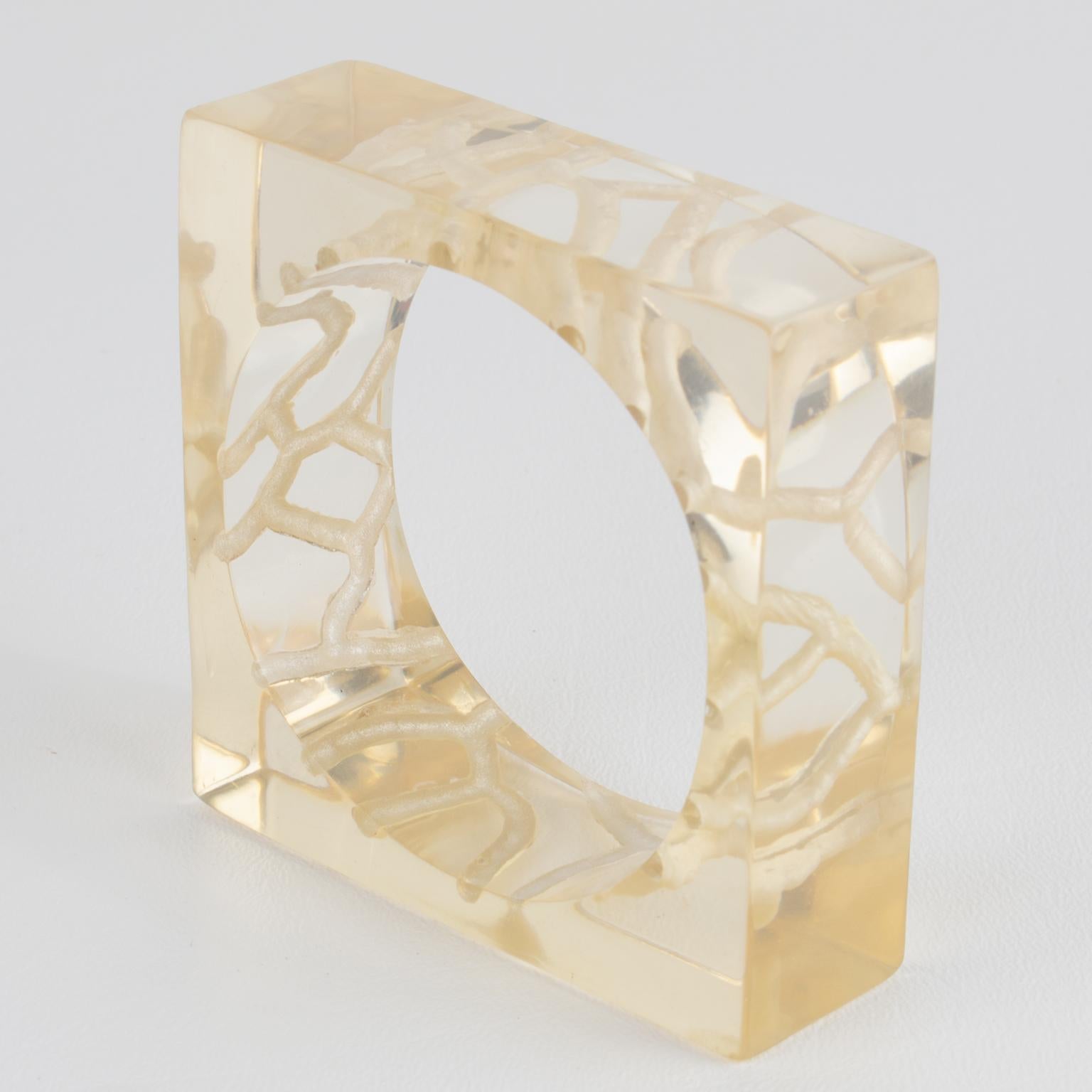 Women's or Men's Reverse Carved Acrylic Lucite Bracelet Bangle in Light Champagne For Sale