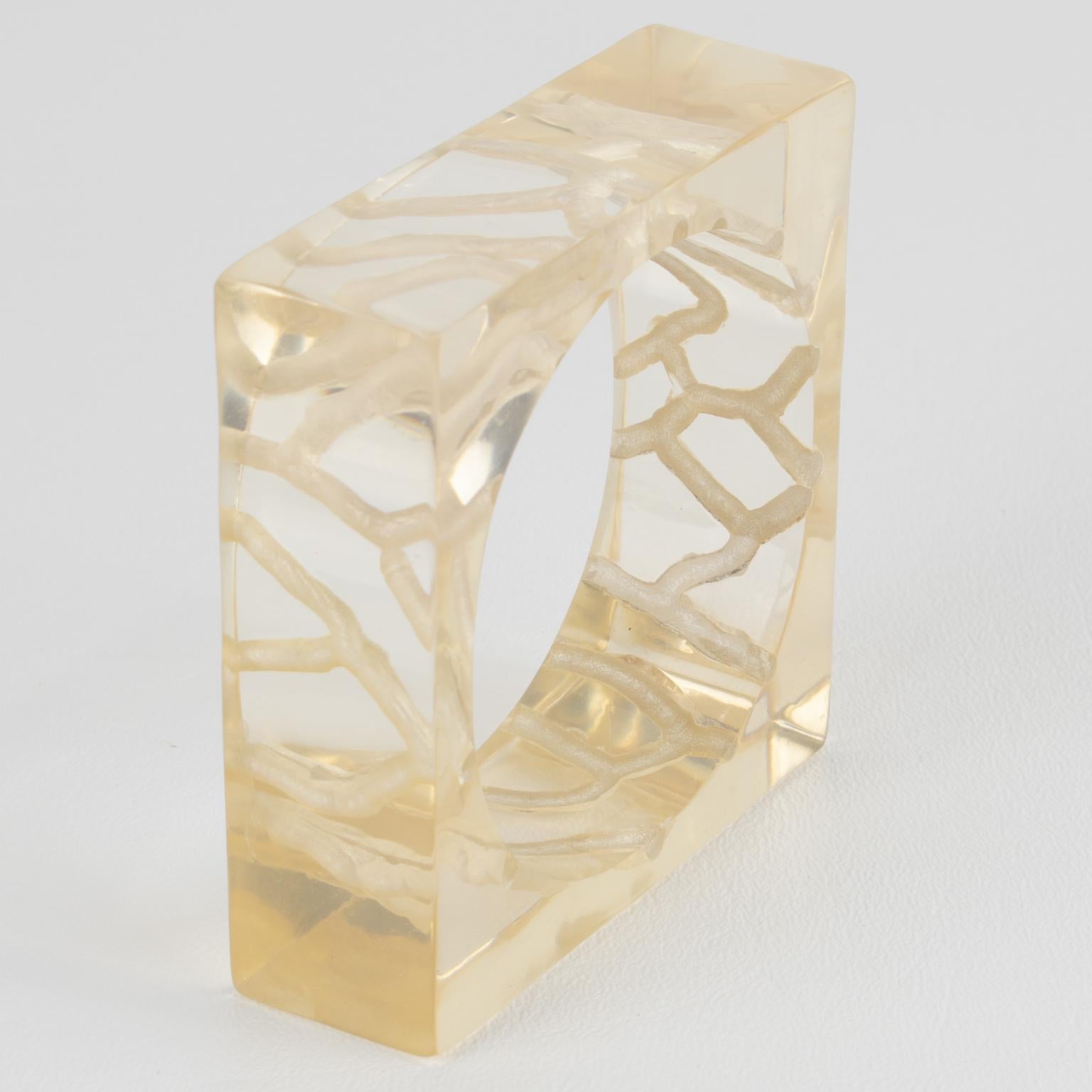 Reverse Carved Acrylic Lucite Bracelet Bangle in Light Champagne For Sale 1