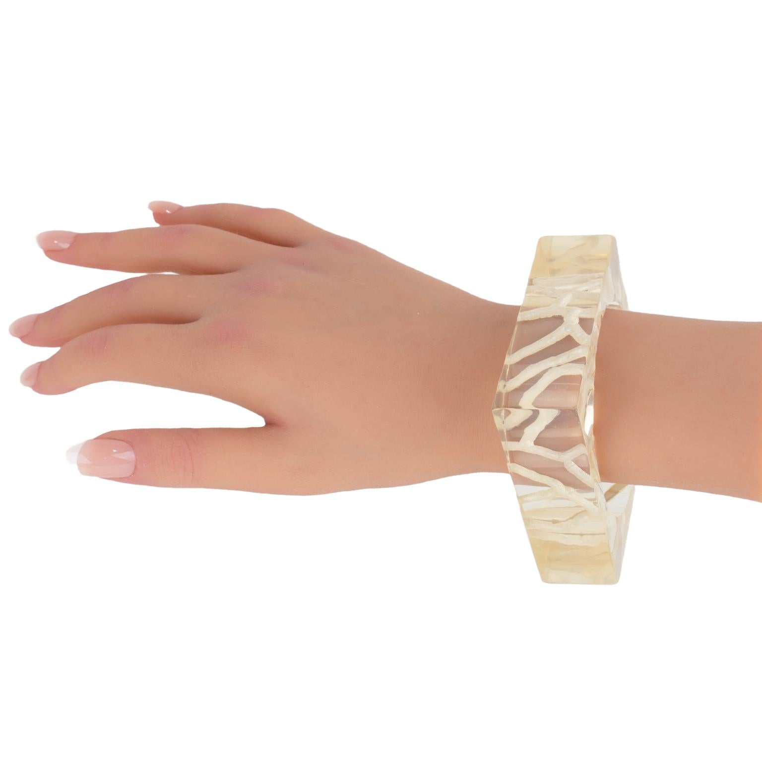 Reverse Carved Acrylic Lucite Bracelet Bangle in Light Champagne For Sale 3