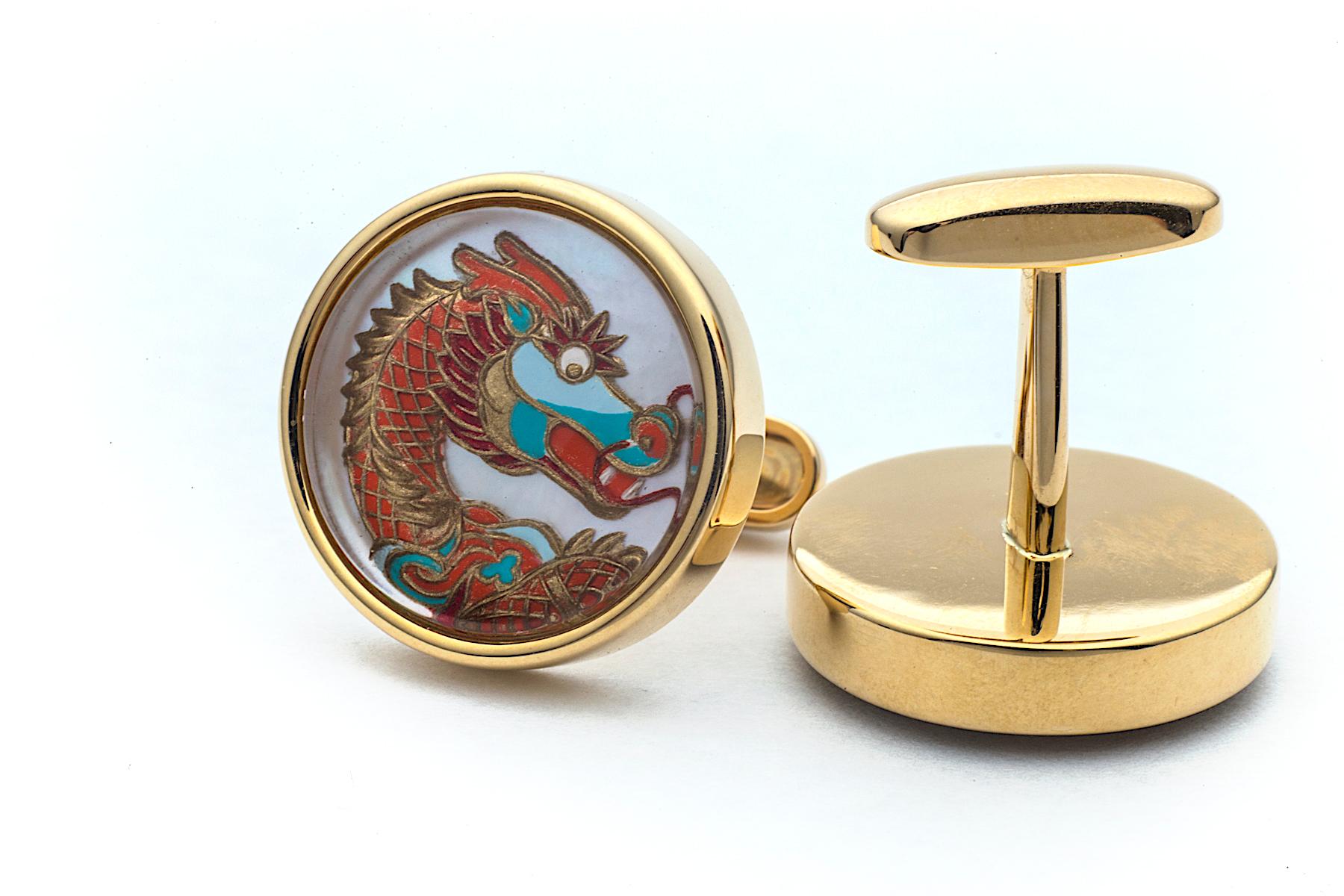 Contemporary Reverse Carved Rock Crystal and Mother-of-Pearl Dragon Cufflinks